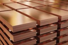 Copper sheets, piles of copper metal in warehouse. 3d illustration.